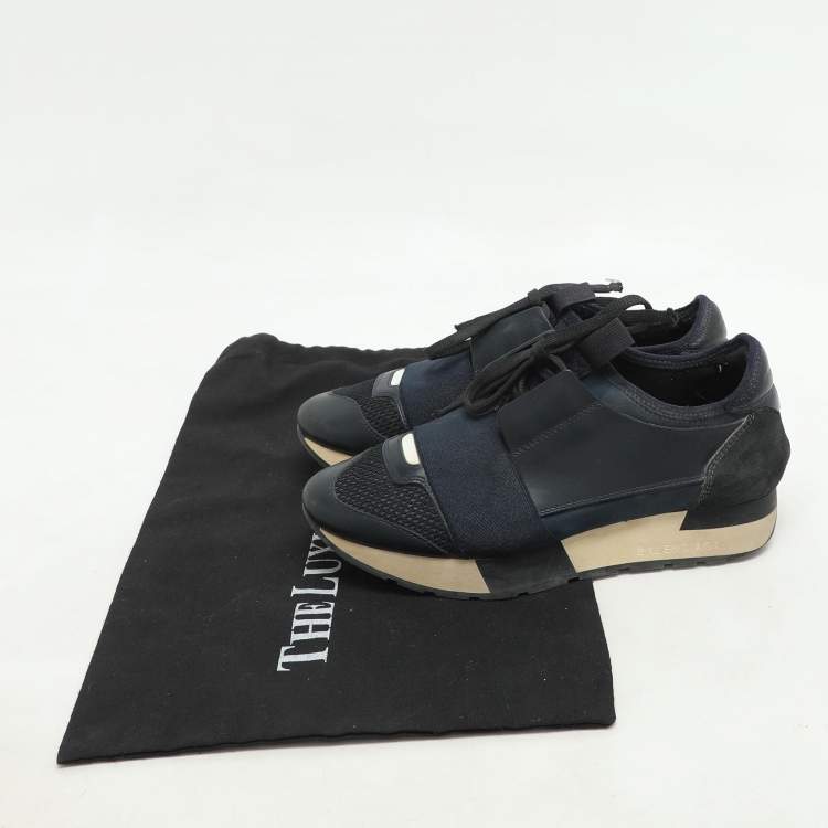 Pre Owned Balenciaga Navy Blue Leather and Mesh Race Runner Low Top Sneakers Size 35