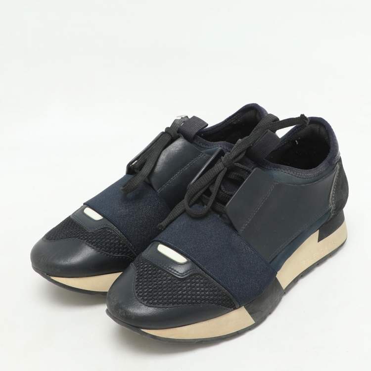 Pre Owned Balenciaga Navy Blue Leather and Mesh Race Runner Low Top Sneakers Size 35