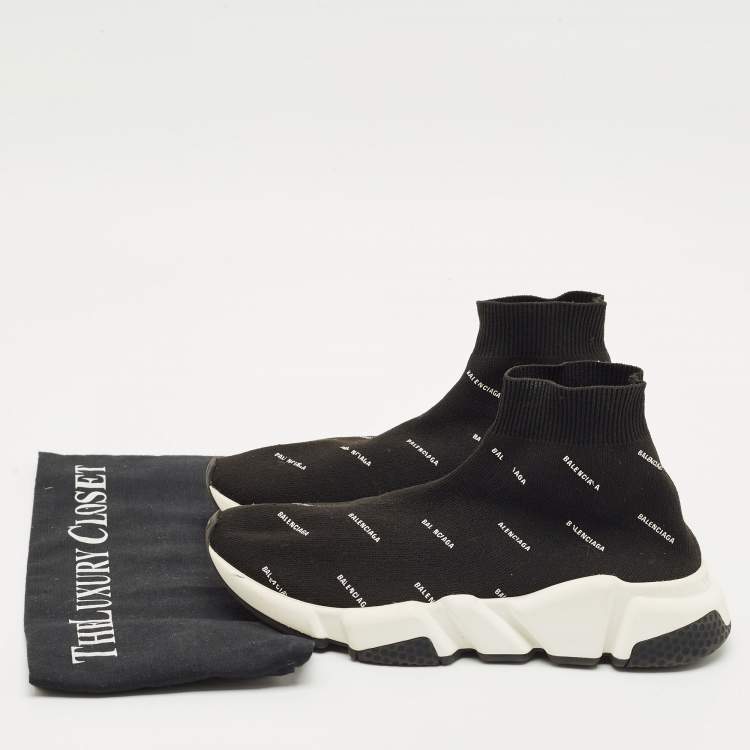 Pre Owned Balenciaga Black/White Knit Fabric Allover Logo Speed Trainer Sneakers Size 37