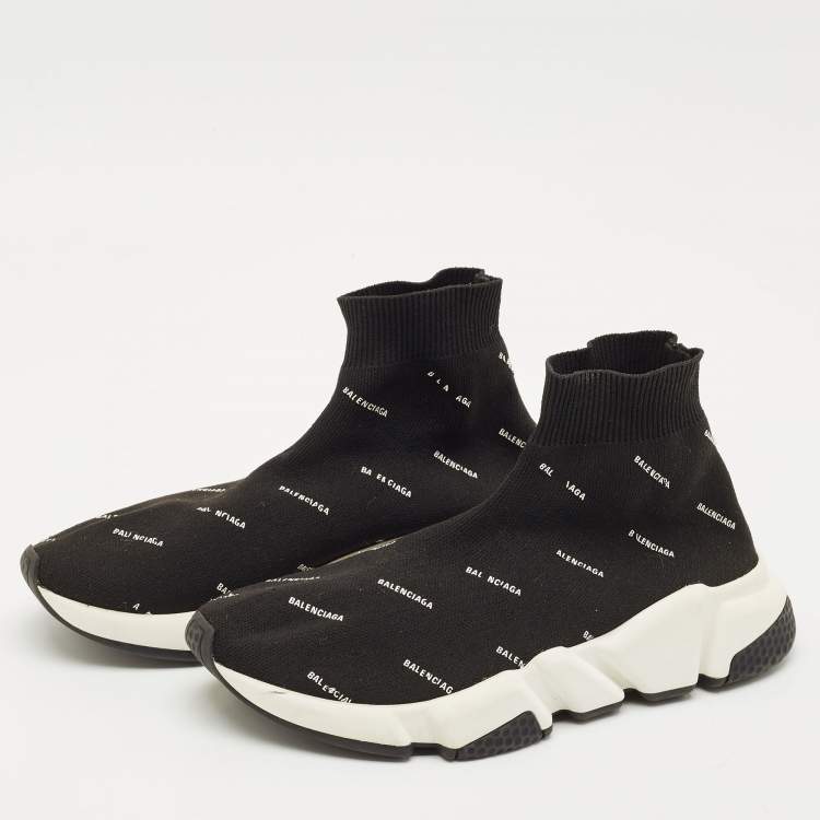 Pre Owned Balenciaga Black/White Knit Fabric Allover Logo Speed Trainer Sneakers Size 37