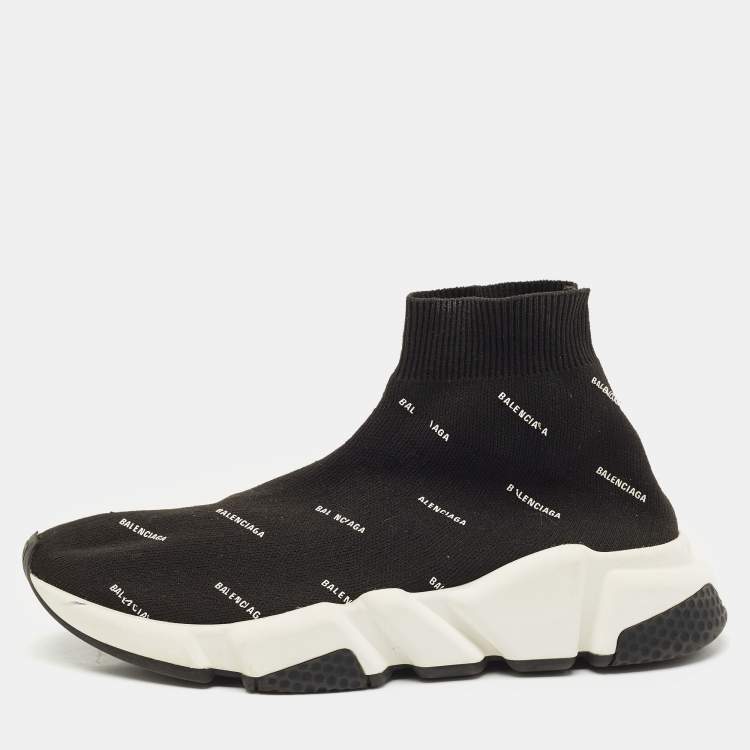 Pre Owned Balenciaga Black/White Knit Fabric Allover Logo Speed Trainer Sneakers Size 37