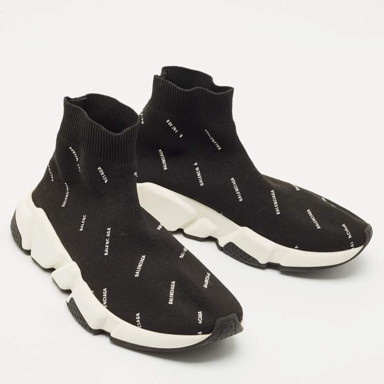 Pre Owned Balenciaga Black/White Knit Fabric Allover Logo Speed Trainer Sneakers Size 37