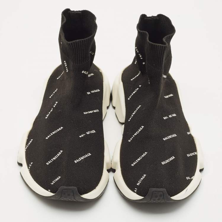 Pre Owned Balenciaga Black/White Knit Fabric Allover Logo Speed Trainer Sneakers Size 37