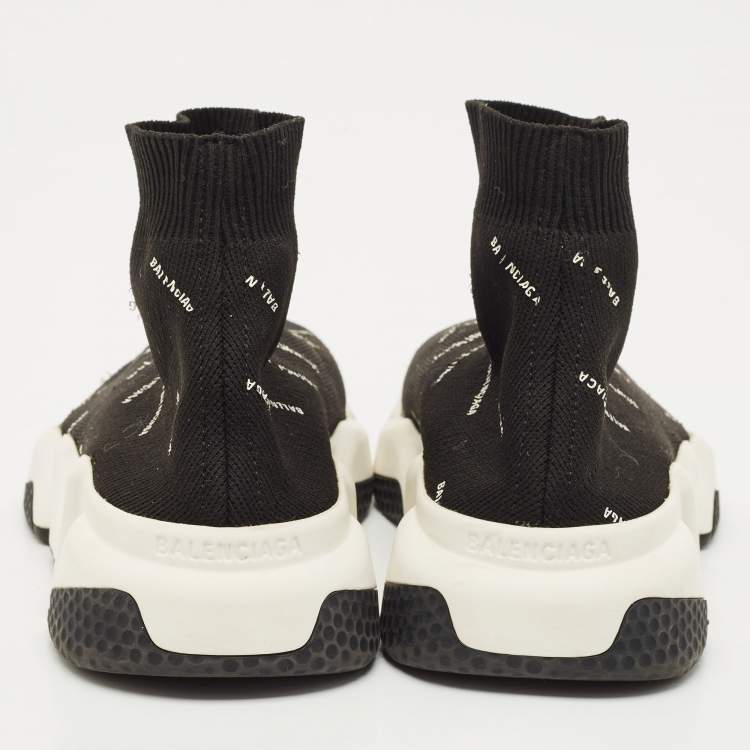 Pre Owned Balenciaga Black/White Knit Fabric Allover Logo Speed Trainer Sneakers Size 37