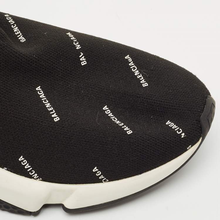 Pre Owned Balenciaga Black/White Knit Fabric Allover Logo Speed Trainer Sneakers Size 37
