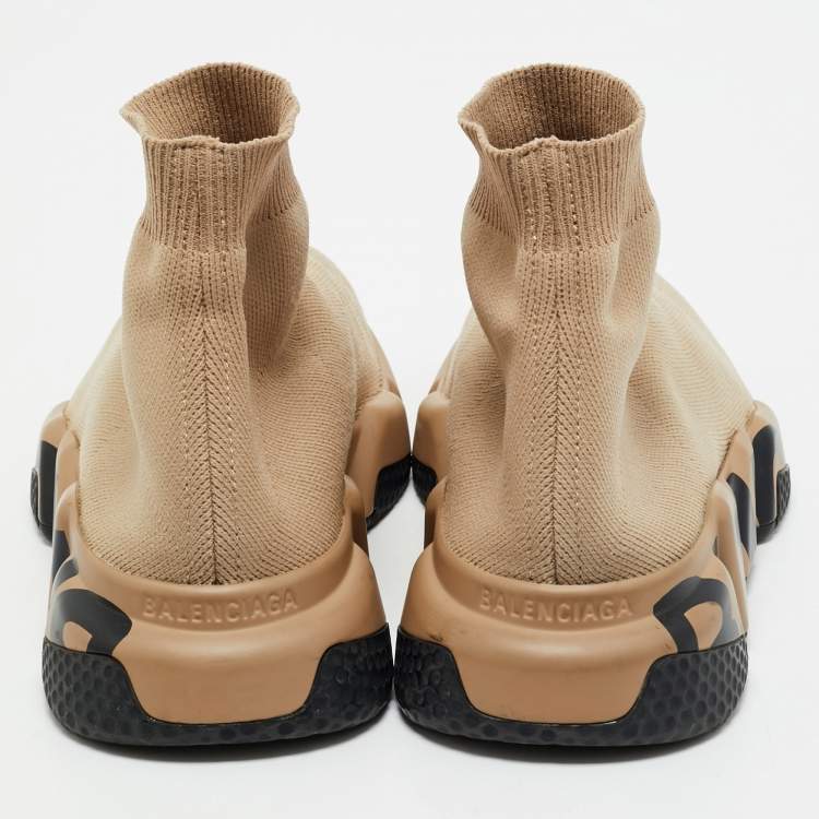 Pre Owned Balenciaga Beige Knit Fabric Speed Trainer High Top Sneakers Size 37