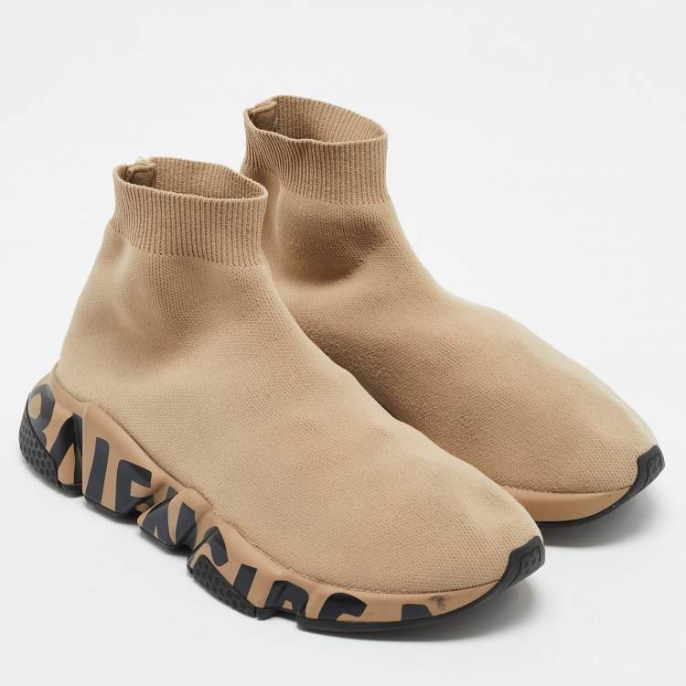 Pre Owned Balenciaga Beige Knit Fabric Speed Trainer High Top Sneakers Size 37