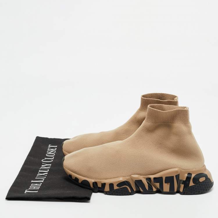 Pre Owned Balenciaga Beige Knit Fabric Speed Trainer High Top Sneakers Size 37