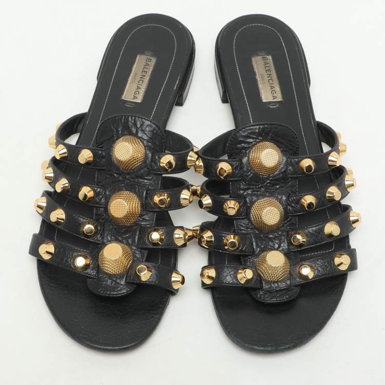 Pre Owned Balenciaga Black Leather Studded Arena Flat Slides Size 39.5
