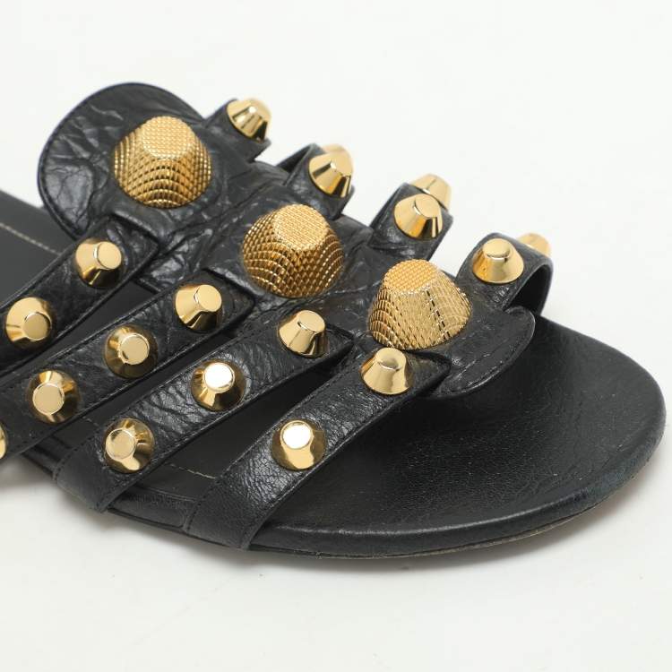 Pre Owned Balenciaga Black Leather Studded Arena Flat Slides Size 39.5