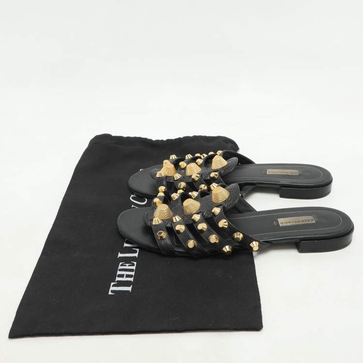 Pre Owned Balenciaga Black Leather Studded Arena Flat Slides Size 39.5