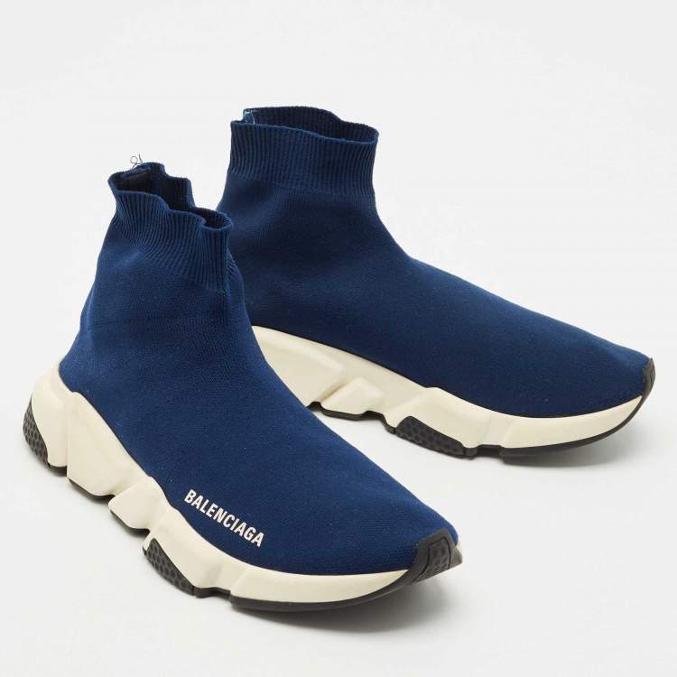 مملوكة مسبقًا Balenciaga Dark Blue Knit Fabric Speed Trainer Sneakers Size 38
