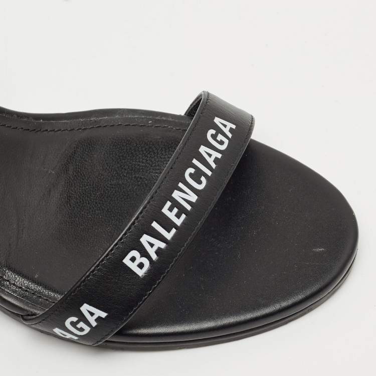 Pre Owned Balenciaga Black Logo Print Leather Ankle Strap Sandals Size 38