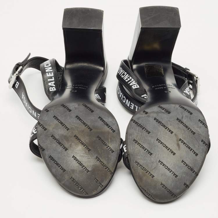 Pre Owned Balenciaga Black Logo Print Leather Ankle Strap Sandals Size 38