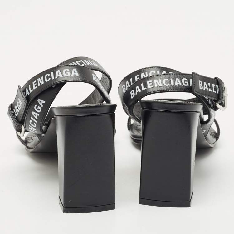 Pre Owned Balenciaga Black Logo Print Leather Ankle Strap Sandals Size 38