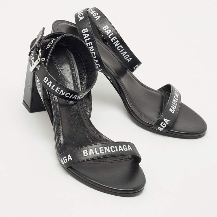 Pre Owned Balenciaga Black Logo Print Leather Ankle Strap Sandals Size 38
