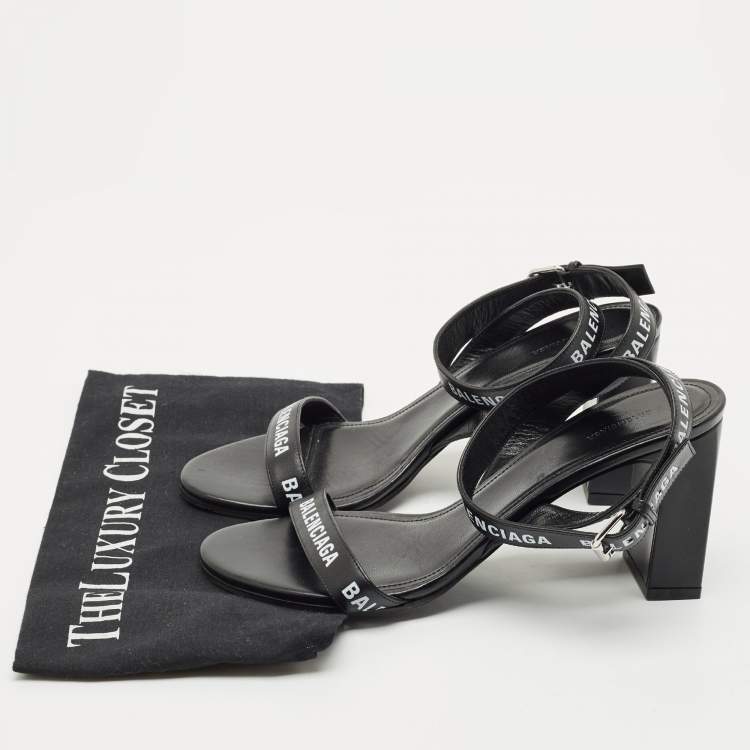 Pre Owned Balenciaga Black Logo Print Leather Ankle Strap Sandals Size 38