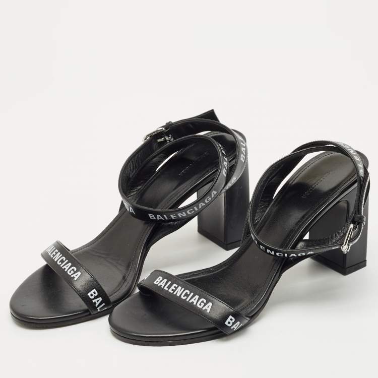 Pre Owned Balenciaga Black Logo Print Leather Ankle Strap Sandals Size 38