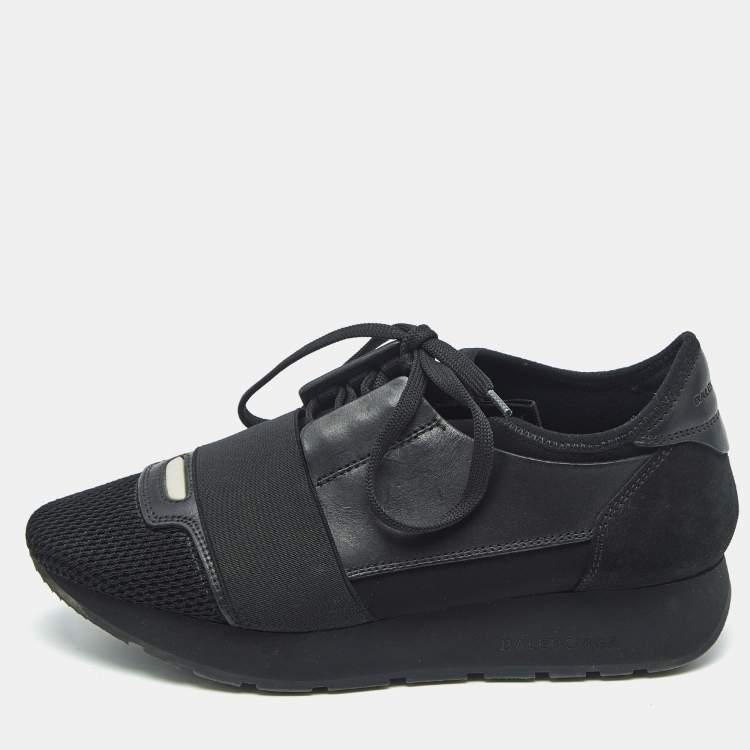 Pre Owned Balenciaga Black Leather and Mesh Race Runner Low Top Sneakers Size 36