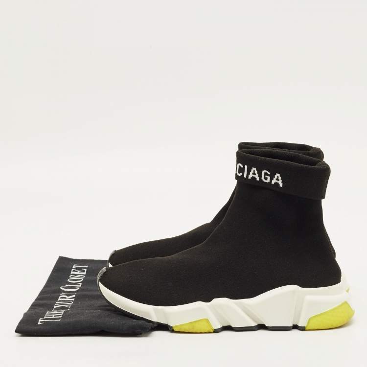 Pre Owned Balenciaga Speed Trainer Size 37 Black Knit Fabric High Top Sneakers