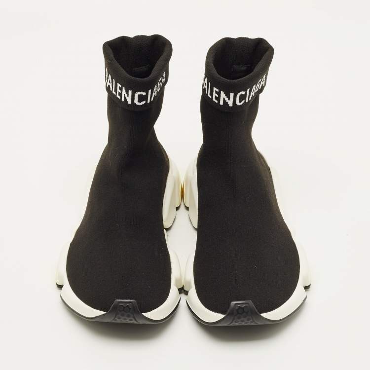 Pre Owned Balenciaga Speed Trainer Size 37 Black Knit Fabric High Top Sneakers