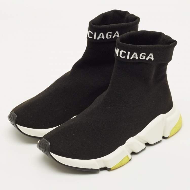 Pre Owned Balenciaga Speed Trainer Size 37 Black Knit Fabric High Top Sneakers