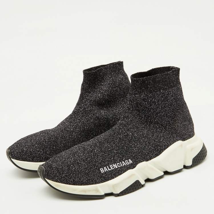 Pre Owned Balenciaga Shimmery Black Metallic Knit Fabric Speed Trainer Sneakers Size 39