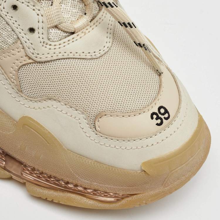 Pre Owned Balenciaga Cream Mesh and Faux Leather Triple S Clear Sole Sneakers Size 39