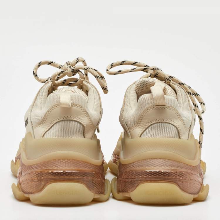 Pre Owned Balenciaga Cream Mesh and Faux Leather Triple S Clear Sole Sneakers Size 39