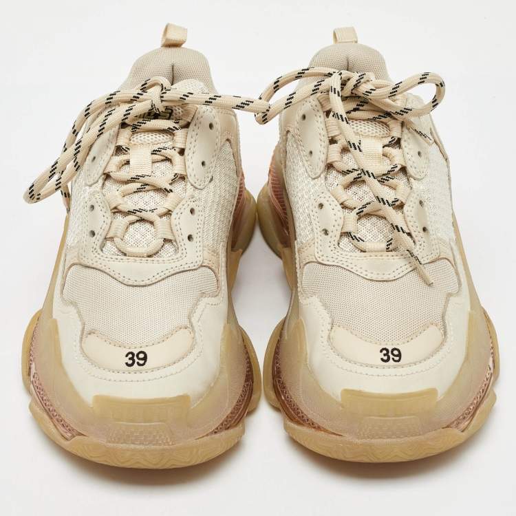 Pre Owned Balenciaga Cream Mesh and Faux Leather Triple S Clear Sole Sneakers Size 39