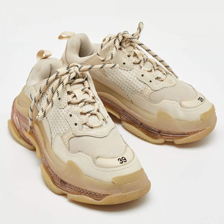 Pre Owned Balenciaga Cream Mesh and Faux Leather Triple S Clear Sole Sneakers Size 39