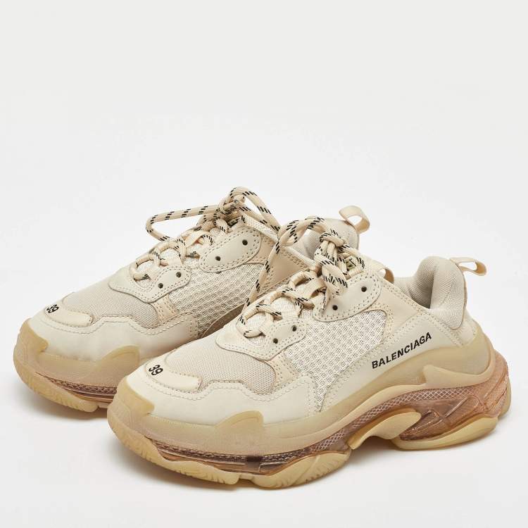 Pre Owned Balenciaga Cream Mesh and Faux Leather Triple S Clear Sole Sneakers Size 39