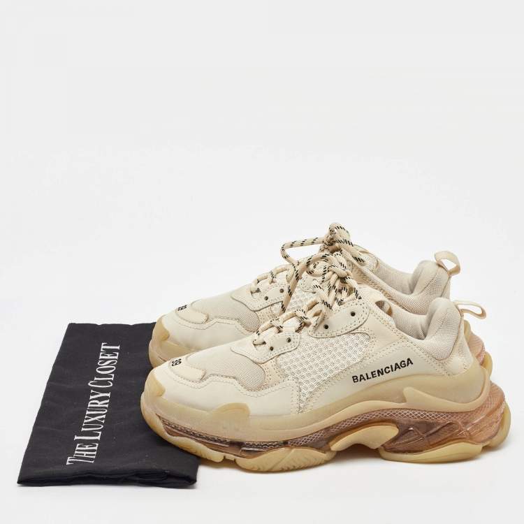 Pre Owned Balenciaga Cream Mesh and Faux Leather Triple S Clear Sole Sneakers Size 39