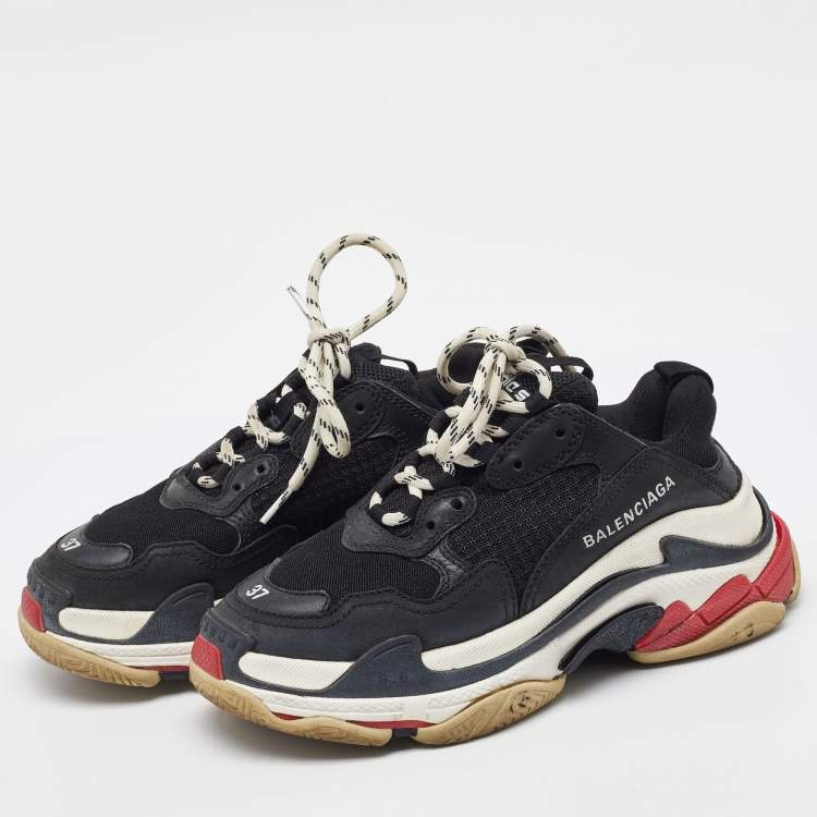 Pre Owned Balenciaga Black Mesh and Leather Triple S Sneakers Size 37