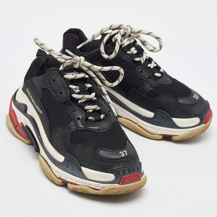 Pre Owned Balenciaga Black Mesh and Leather Triple S Sneakers Size 37