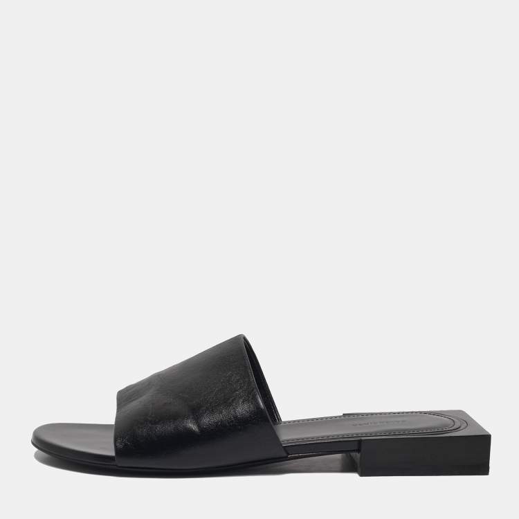 Pre Owned Balenciaga Black Leather Box Flat Mules Size 37