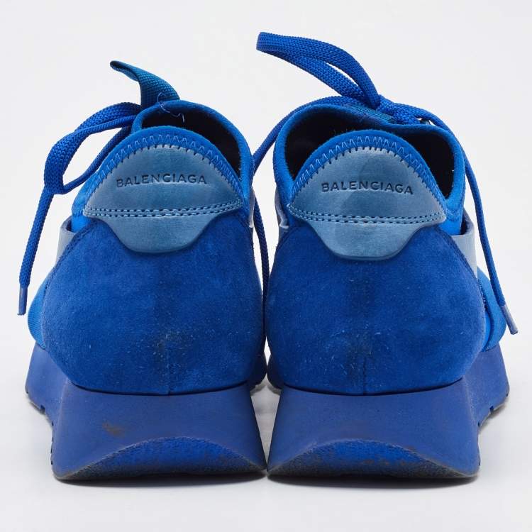 Pre Owned Balenciaga Blue Leather, Suede and Mesh Race Runner Low Top Sneakers Size 39