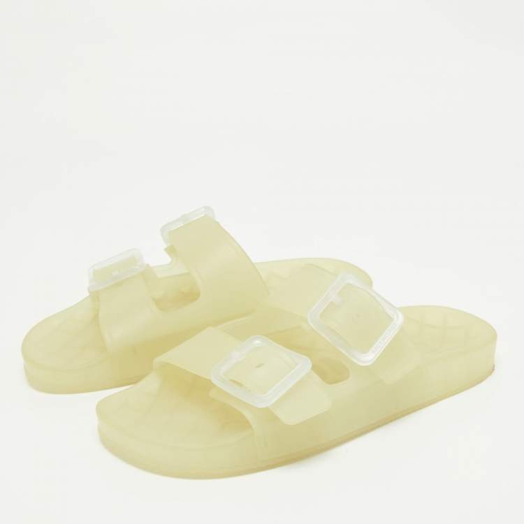 Pre Owned Balenciaga Cream Rubber Double Buckle Detail Flat Sandals Size 38