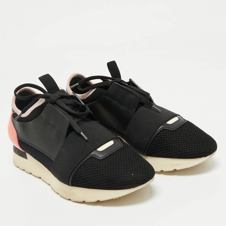 Pre Owned Balenciaga Black/Pink Leather and Mesh Race Runner Low Top Sneakers Size 38
