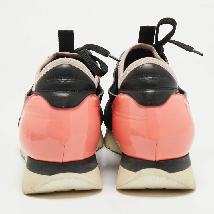 Pre Owned Balenciaga Black/Pink Leather and Mesh Race Runner Low Top Sneakers Size 38