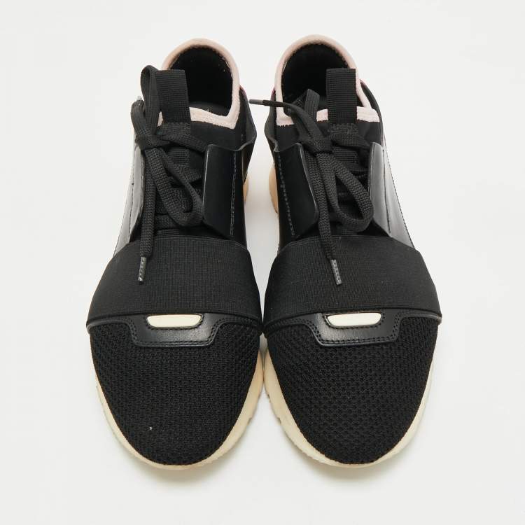 Pre Owned Balenciaga Black/Pink Leather and Mesh Race Runner Low Top Sneakers Size 38