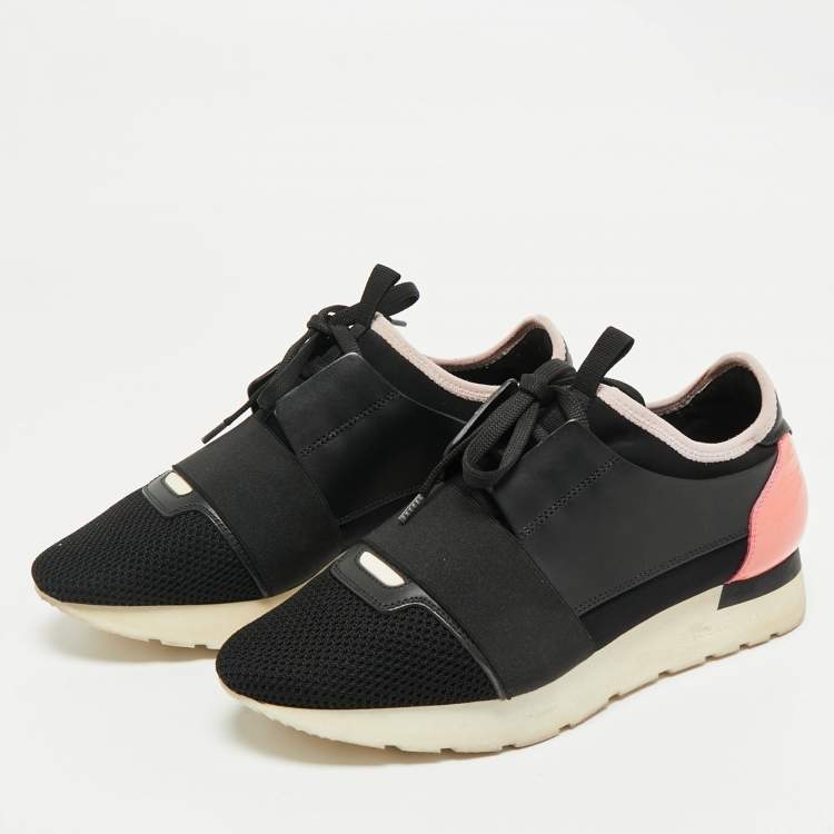 Pre Owned Balenciaga Black/Pink Leather and Mesh Race Runner Low Top Sneakers Size 38