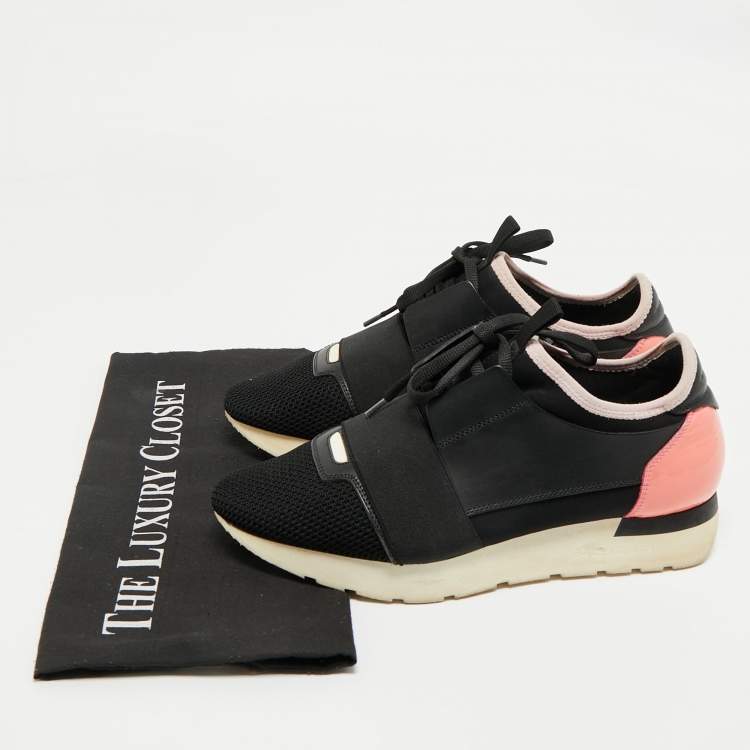 Pre Owned Balenciaga Black/Pink Leather and Mesh Race Runner Low Top Sneakers Size 38