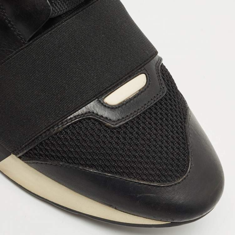 Pre Owned Balenciaga Black Leather and Mesh Race Runner Sneakers Size 38