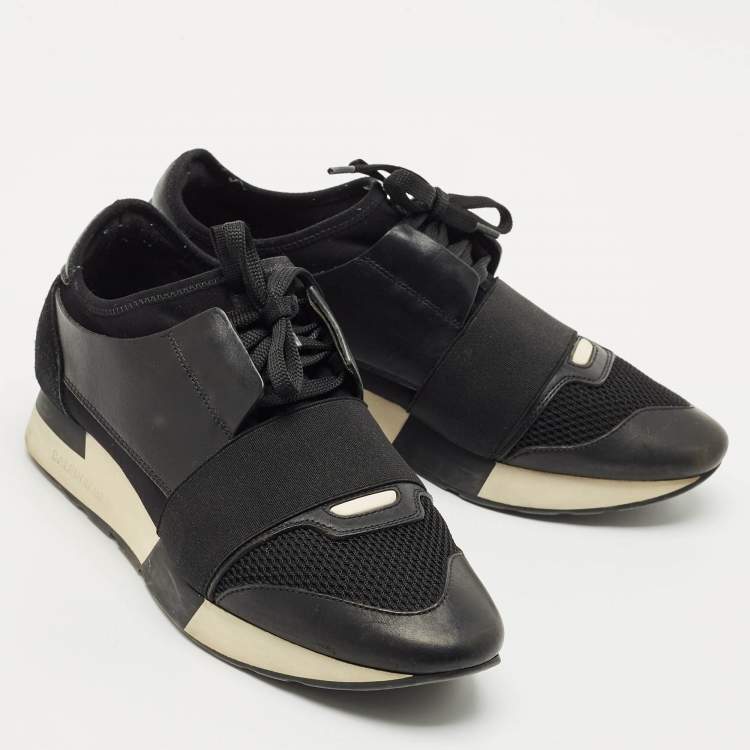 Pre Owned Balenciaga Black Leather and Mesh Race Runner Sneakers Size 38