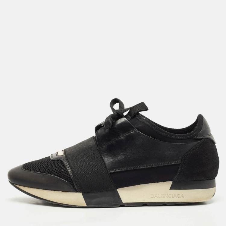 Pre Owned Balenciaga Black Leather and Mesh Race Runner Sneakers Size 38