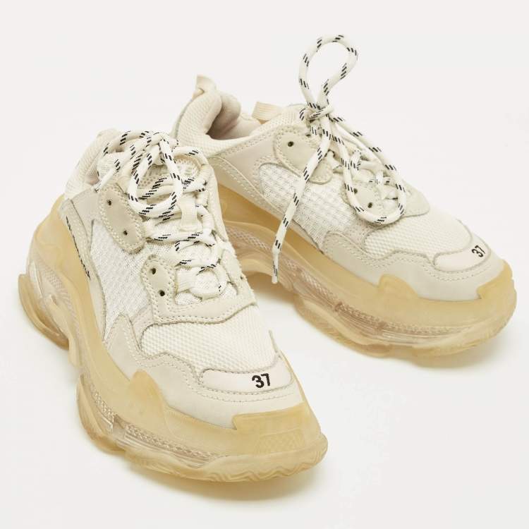 Pre Owned Balenciaga White Faux Leather and Mesh Triple S Clear Sole Sneakers Size 37