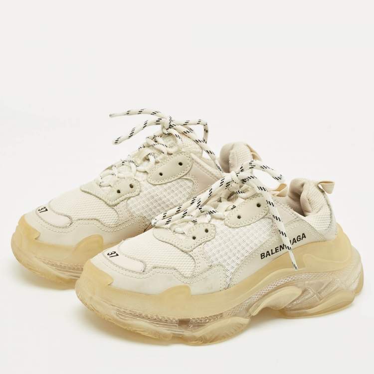 Pre Owned Balenciaga White Faux Leather and Mesh Triple S Clear Sole Sneakers Size 37
