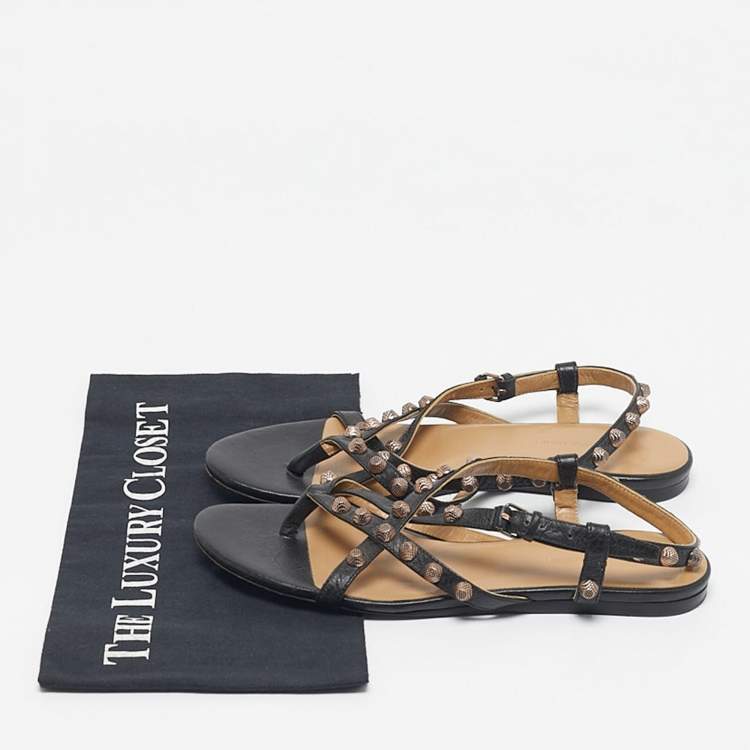 Pre Owned Balenciaga Black Leather studded Arena Ankle Strap  Flat Sandals Size 39.5