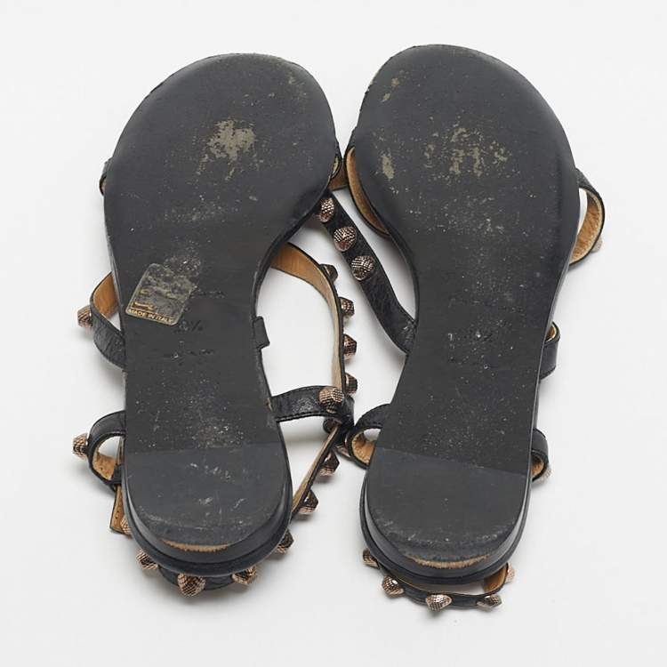 Pre Owned Balenciaga Black Leather studded Arena Ankle Strap  Flat Sandals Size 39.5